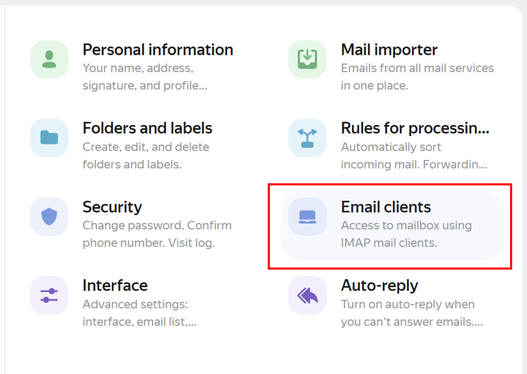 Click on the Email clients option in Yandex.