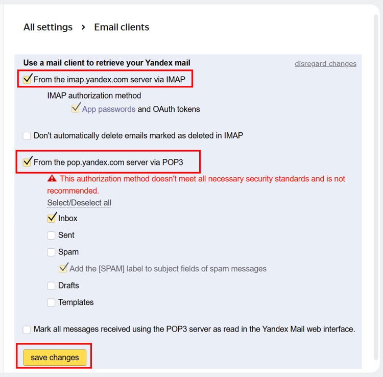 Check IMAP and POP options to save changes.