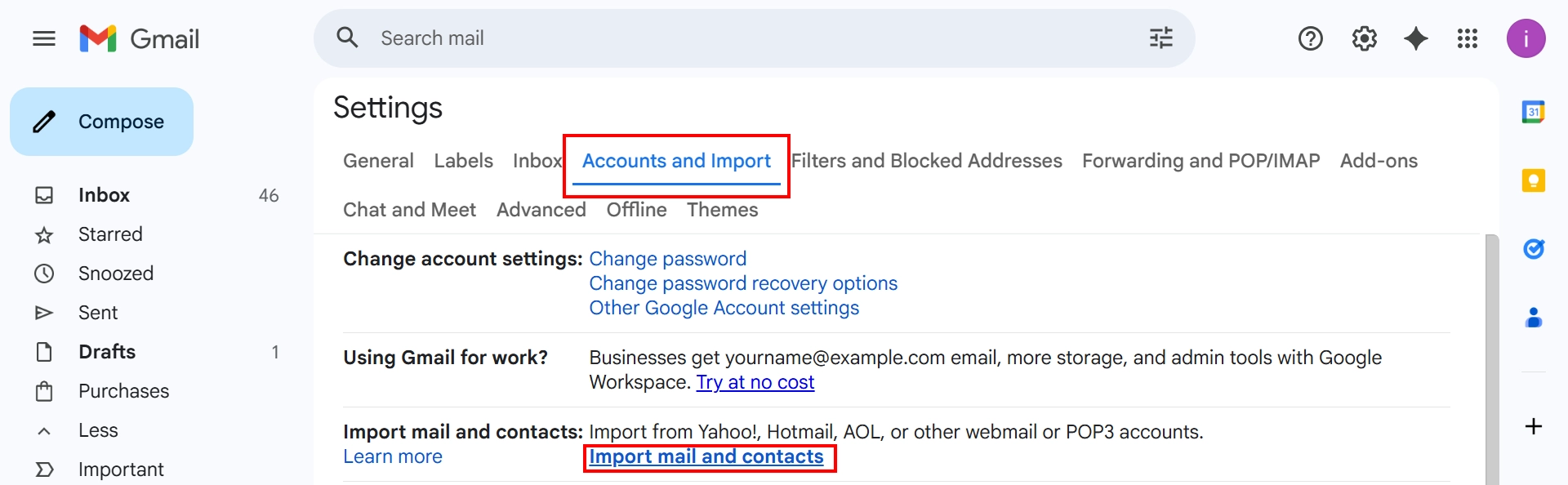 Click Import mail and contacts link in Gmail.