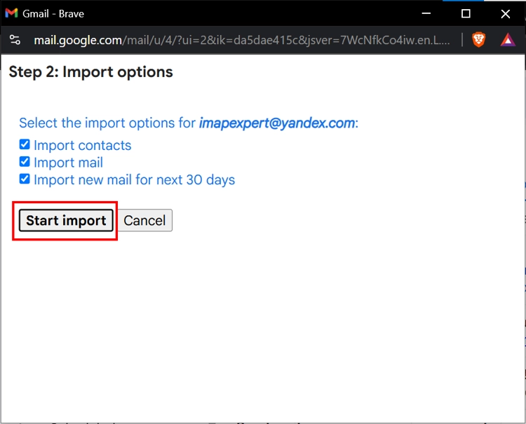 Start Import to Migrate Yandex Mail to Gmail.