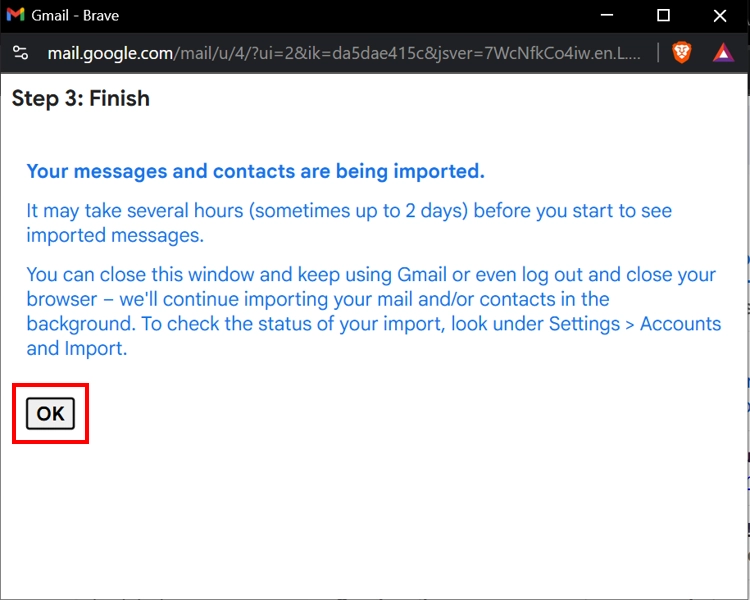 Click OK to close the import box.