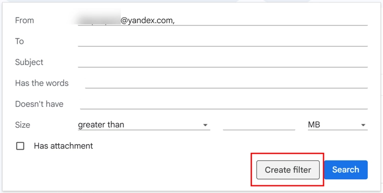 Enter *@yandex.com in From field and create filter.