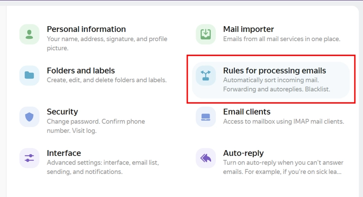 Choose Rules for processing emails option in Yandex.