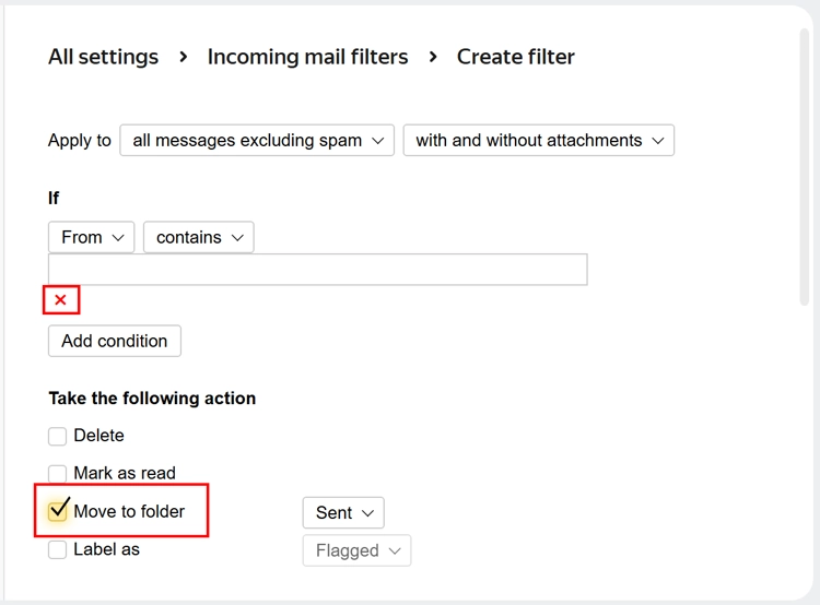 Mark the Forward to option in Yandex filter.